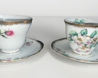 Vintage Metasco Japan Teacup Saucer Pair Pink Rose & Dogwood Gold Trim 1950s