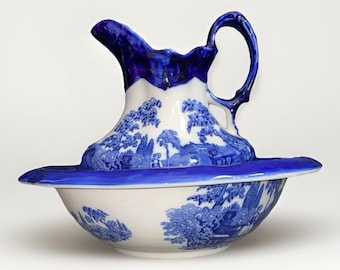 Staffordshire Flow Blue Pitcher Basin Set Romantic Pattern 15" Bowl Cottagecore