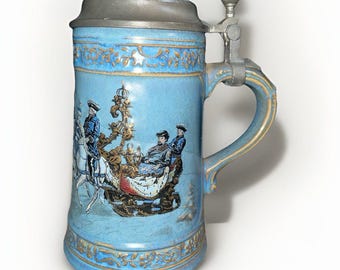 Gerz West Germany Vintage King Ludwig II Sleigh Beer Stein 94% Pewter Lid