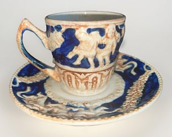 Vintage Japan Moriage Cherub Demitasse Cup Saucer Blue White 1920s Jasperware