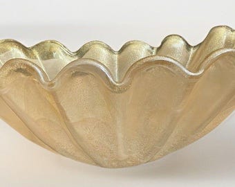 Large 20” Murano style Glass Bowl Centerpiece Gold Aventurine Ruffled Italy