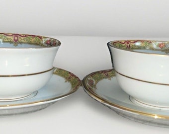 Pair Vintage UC Limoges France Teacup Saucer Green Gold Floral 1920s