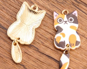 Cat Charm Enamel Pendant Cute Kitty Dangle for Jewelry Making Supplies Gold Tone Kawaii Animal Charm for Crafters