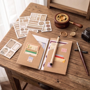 May include: A brown paper stationery folder containing various vintage-style paper ephemera, stickers, and cards. A light-colored pen rests on the folder. Nearby are a wooden wax seal warmer, two wax seals, a glass ink bottle, and a fountain pen.