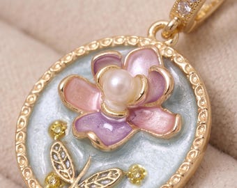 Gold Floral Enamel Charm Monet Art Pendant with Pearl for Necklace Making DIY Jewelry Gift for Artist