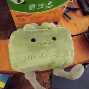 May include: A light green plush toy with a smiling face and the words "TOWARD FRIEND" printed on it. The toy has white legs and arms. A cereal box is in the background.