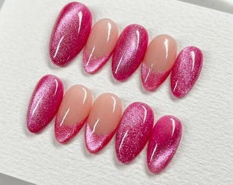 Hot Pink Cat Eye Press On Nails, Glitter French Tip Nails, Almond Nail Set, Handmade Fake Nails
