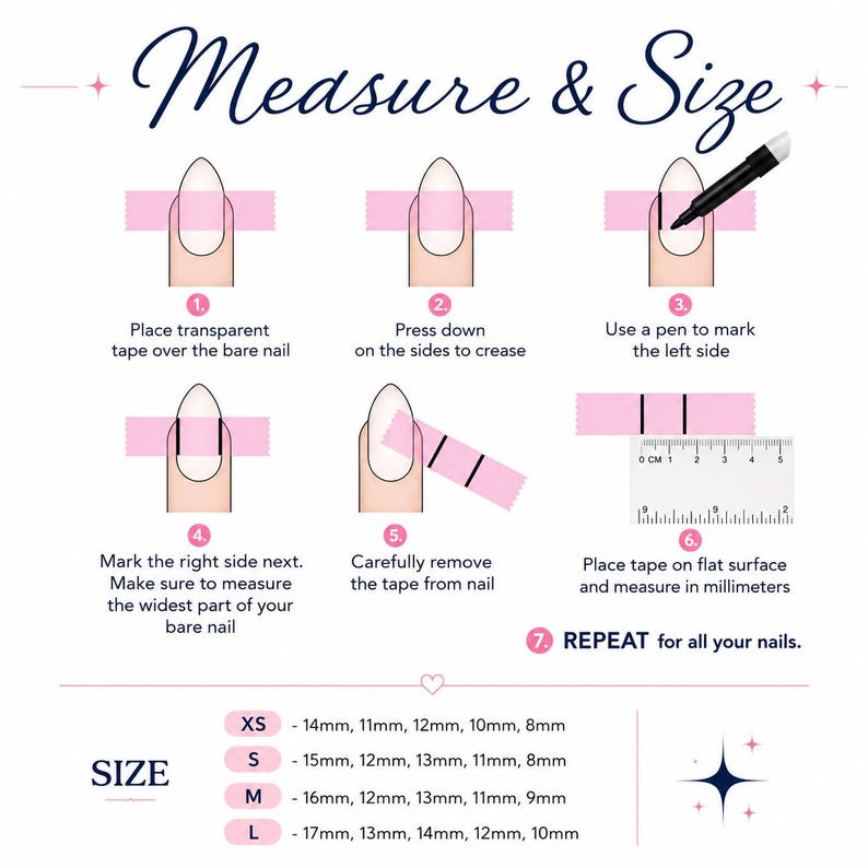 May include: An instructional infographic titled Measure & Size showing seven steps to measure nails using transparent tape, a pen, and a ruler. The guide includes a size chart for XS, S, M, and L with measurements in millimeters for each nail size.