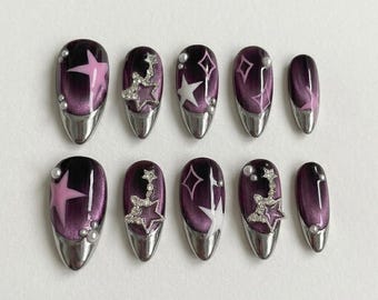 Purple Cat Eye Press On Nails, Silver Chrome French Tip, 3D Star Charms, Handmade Reusable Fake Nails