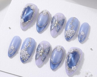 Lavender Butterfly Press On Nails, Purple Cat Eye 3D Flower Fairy Spring Set