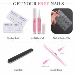 May include: A nail application kit containing four white alcohol pads, a pink nail glue gel tube with a cap, a sheet of clear adhesive tabs, a black nail file, and a pink glitter cuticle stick measuring 3.6 inches with pointed and oblique ends.