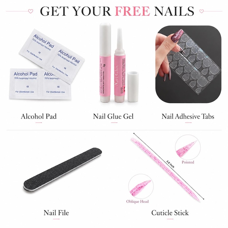 May include: A nail application kit containing four white alcohol pads, a pink nail glue gel tube with a cap, a sheet of clear adhesive tabs, a black nail file, and a pink glitter cuticle stick measuring 3.6 inches with pointed and oblique ends.