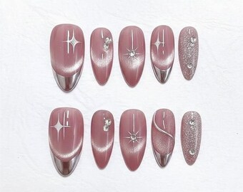 Pink Cat Eye Press on Nails with Silver French Stars | Handmade Reusable Set