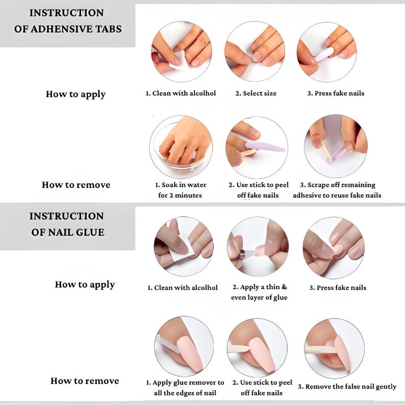 May include: An instructional chart for applying and removing fake nails using adhesive tabs and nail glue. The graphic includes step-by-step visual guides with text labels for cleaning, selecting, applying, soaking, and removing artificial nails.