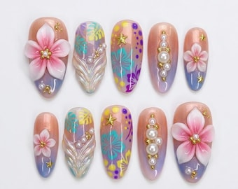 Pink Tropical 3D Floral Press On Nails, Pearl Mermaid Fake Nails