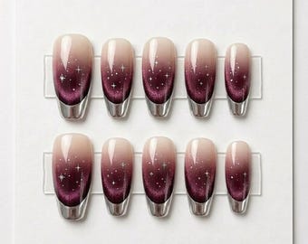 Burgundy Cat Eye Press On Nails, Chrome French Tip Nails, Galaxy Star Nails, Handmade Reusable Nail Set