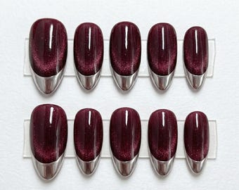 Burgundy Chrome French Tip Nails, Wine Red Cat Eye Oval Press Ons