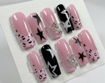 Pink Black Star Leopard Press On Nails, Y2K False Nails