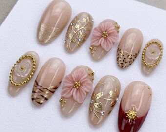 Nude Floral Press On Nails, 3D Flower Nails, Gold Leaf Nails, Elegant Nude Press Ons, Handmade Luxury Nails