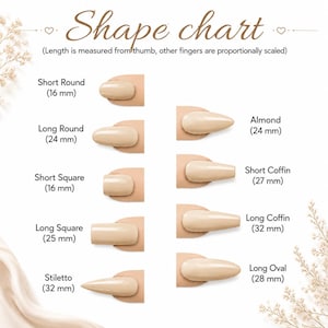 May include: A nail shape chart featuring beige nail tips in various styles including Short Round 16 mm, Long Round 24 mm, Short Square 16 mm, Long Square 25 mm, Stiletto 32 mm, Almond 24 mm, Short Coffin 27 mm, Long Coffin 32 mm, and Long Oval 28 mm.