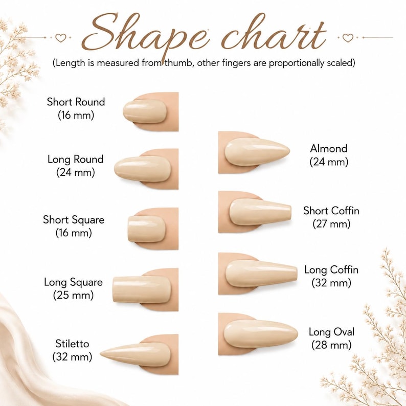 May include: A nail shape chart featuring beige nail tips in various styles including Short Round 16 mm, Long Round 24 mm, Short Square 16 mm, Long Square 25 mm, Stiletto 32 mm, Almond 24 mm, Short Coffin 27 mm, Long Coffin 32 mm, and Long Oval 28 mm.