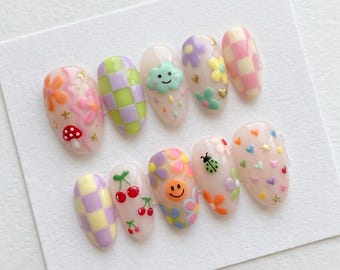 Kawaii Pastel Cherry Cloud Checkerboard Almond Press On Nails