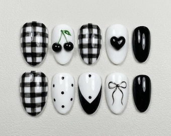 Black White Cherry Press On Nails, Gingham Nail Set, Coquette Bow Nails, Handmade Fake Nails