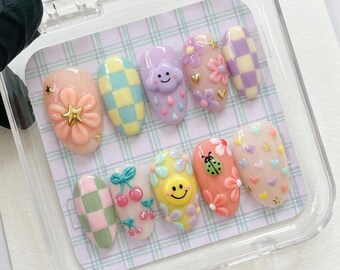 Kawaii Pastel Press On Nails, Cherry, Checkerboard, 3D Flower, Almond Shape