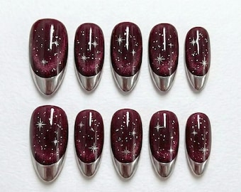 Burgundy Cat Eye Press On Nails, Silver Chrome French Tip, Star Glitter Fake Nails, Reusable Handmade Nails