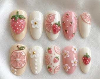 Strawberry Citrus Press On Nails, Cute Pink Fruit Nails, 3D Flower Nail Set, Handmade Fake Nails