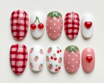 Strawberry Cherry Press On Nails, Pink Gingham Nail Set, Cute Kawaii Fruit Nails, Handmade Fake Nails