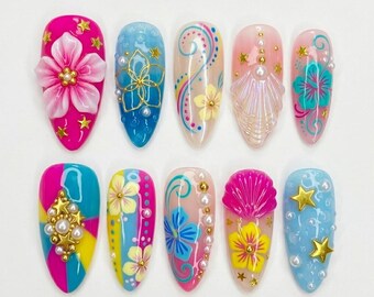 Handmade Tropical Press On Nails, 3D Flower Shell Summer Vacation Set