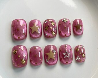 Pink Cat Eye Press On Nails, Star Pearl Nails, Cute Handmade Fake Nails, Reusable Glossy Press On Set