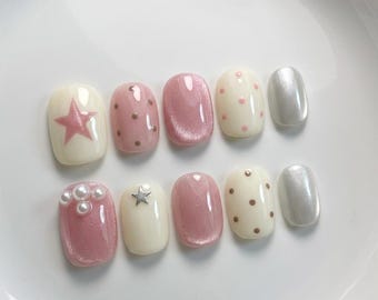 Pink Star Press On Nails, Pearl Cat Eye Nails, Silver Chrome Nails, Cute Handmade Reusable False Nail Set