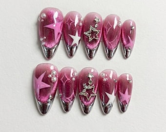 Pink Cat Eye Press On Nails, Silver Chrome French Tip, 3D Star Charm, Handmade Reusable Fake Nails