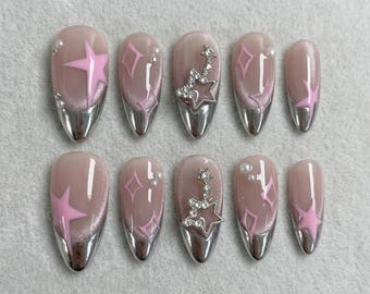 Pink Chrome Star Press On Nails, Silver French Tip Nails, Handmade Reusable Almond False Nails, Cute Nail Set