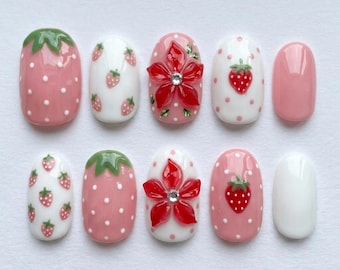 Strawberry Press On Nails, Cute Pink Fruit Nails, 3D Flower Nail Set, Handmade Fake Nails