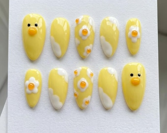 Cute Duck Press On Nails, Yellow Kawaii Nail Set, Daisy Flower Nails, Handmade Fake Nails