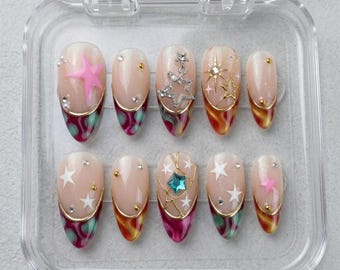 Celestial Star Press On Nails, Aurora French Tip Nails, Handmade Reusable Glitter False Nails, Almond Nail Set