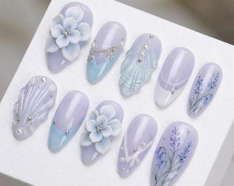 Lavender Floral Press On Nails, 3D Flower, Pearl Shell, Elegant Handmade Set