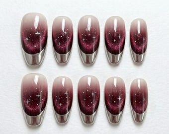 Burgundy Ombre Cat Eye Press On Nails, Silver Chrome French Tip, Star Glitter Reusable Handmade Fake Nails