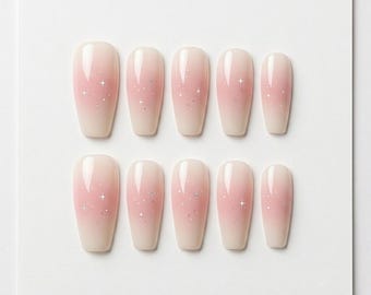 Pink Ombre Press On Nails, Nude Glitter Nails, Minimalist Bridal Nail Set, Handmade Fake Nails