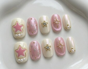 Pink Star Press On Nails, Pearl Cat Eye Nails, Cute Kawaii Nails, Handmade Reusable False Nails, Gift for Her