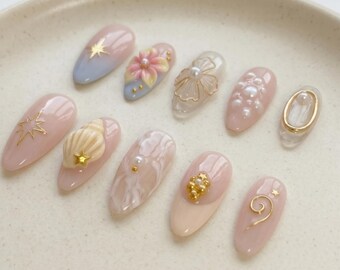 Pastel Beach Press On Nails | 3D Flower Shell Pearl Summer Mermaid Set