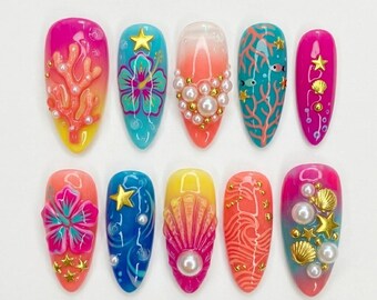 Tropical Press On Nails, 3D Coral Shell Summer Ocean Set, Handmade Fake Nails