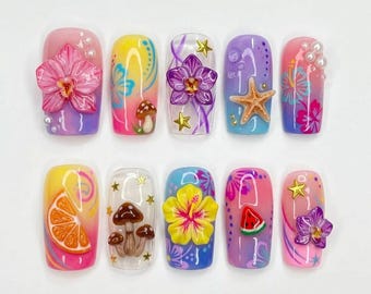 Tropical Summer Press On Nails, 3D Flower Beach Set, Handmade Fake Nails