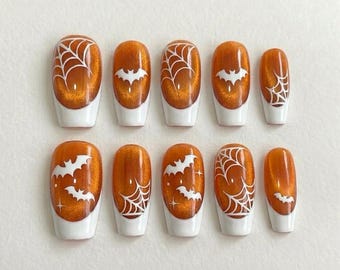 Halloween Press On Nails, Orange French Tip, Bat Spider Web Nails, Handmade Reusable Fake Nails