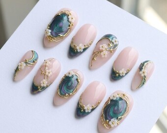 Elegant Marble Press On Nails, Floral Gold Line Nails, Luxury Nude Nail Set, Handmade Fake Nails