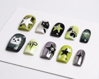 Cat Press On Nails | Kawaii Green Black Y2K Cartoon Set