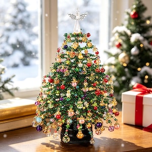 Puede incluir: Un árbol de Navidad decorativo de mesa hecho de cuentas verdes, con numerosos adornos colgantes de cuentas multicolores en tonos rojo, dorado, morado y transparente. Una figura de ángel plateada se sitúa en la parte superior del árbol.